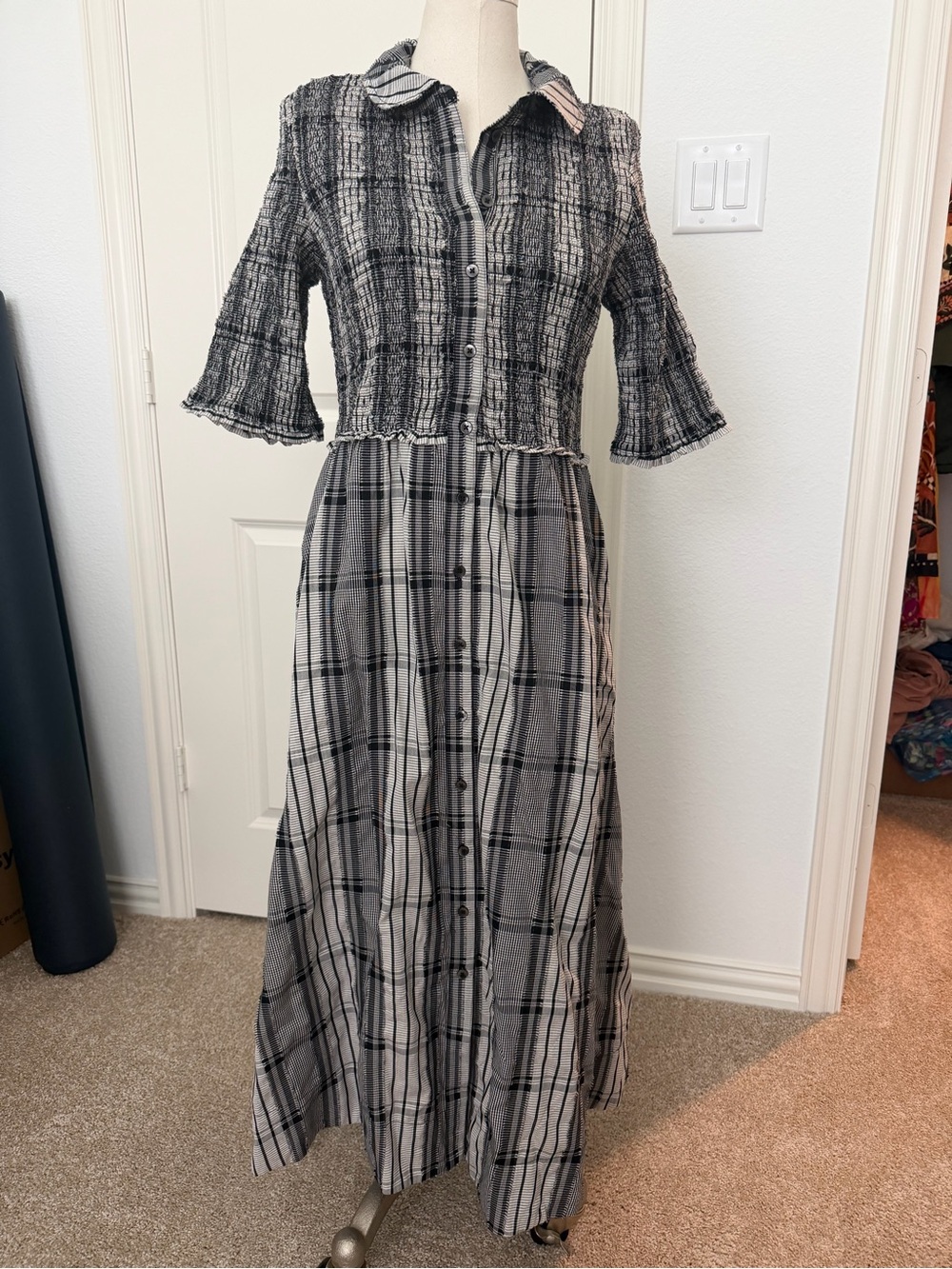 Anthropologie Gray Plaid Button-Front Maxi Dress with Smocked Bodice